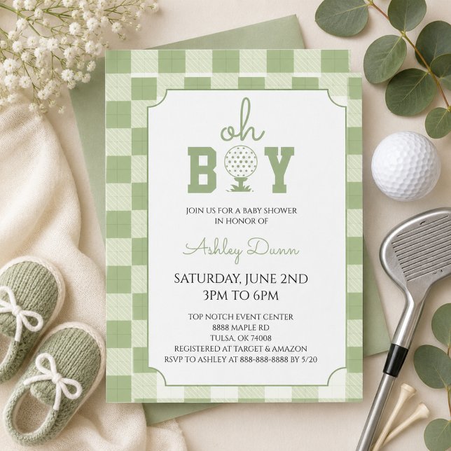 Invitation Fête de Bébé de Golf à Carreaux Vert Sage (Créateur téléchargé)