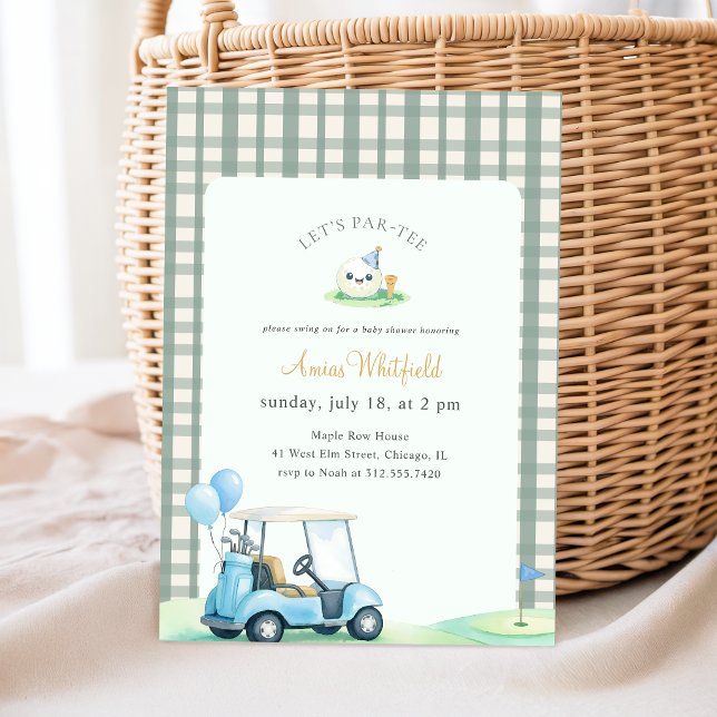 Invitation Fête de Bébé de Golf Gingham Sage Élégant (Créateur téléchargé)