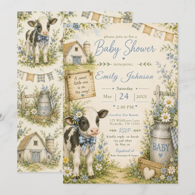 Invitation Fête de bébé de la grange bleue (Devant / Derrière)