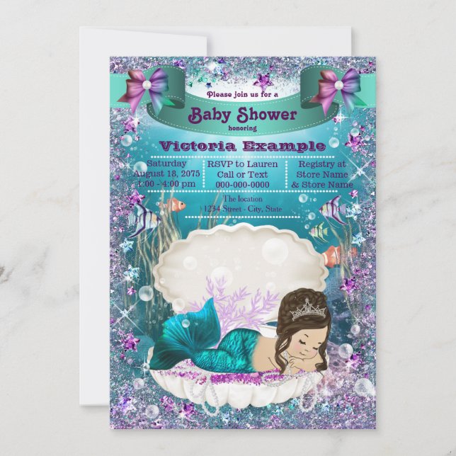 Invitation Fête de Bébé de la Princesse Sirène Brune Adorable (Devant)