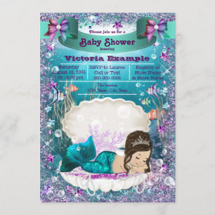 Invitation Fête de Bébé de la Princesse Sirène Brune Adorable