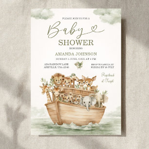 Invitation Fête de bébé de l'Arche de Noé au vert sauge aquar