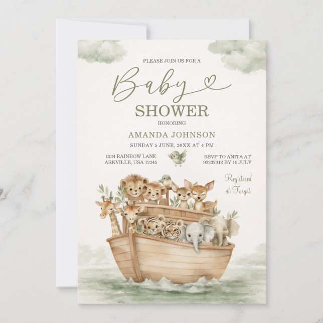 Invitation Fête de bébé de l'Arche de Noé au vert sauge aquar (Devant)