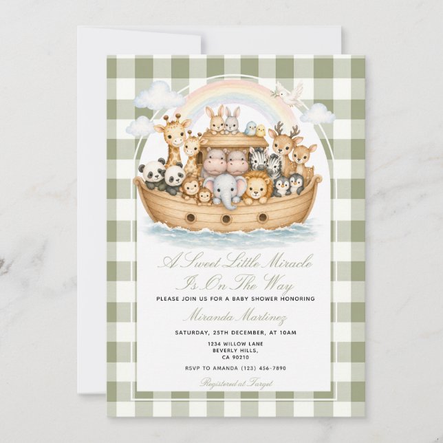 Invitation Fête de bébé de l'Arche de Noé Vert Sauge (Devant)