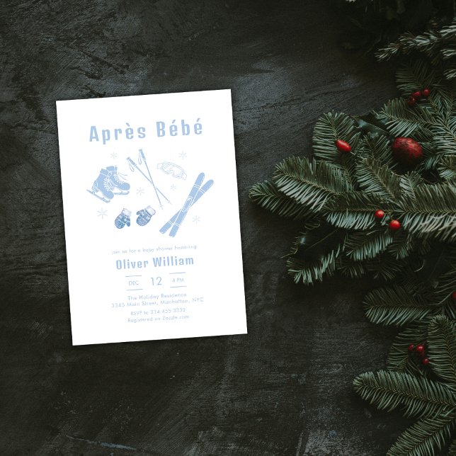 Invitation Fête de bébé d'hiver bleu pastel Après Bébé Ski   (Pastel Blue Winter Après Bébé Ski Baby Shower Invitation)