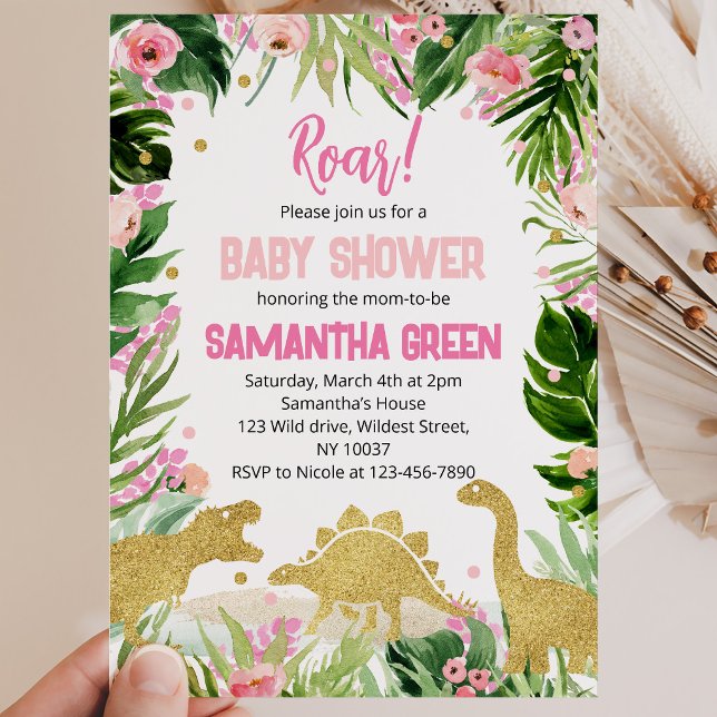 Invitation Fête de Bébé Dinosaure en Or Rose (Créateur téléchargé)