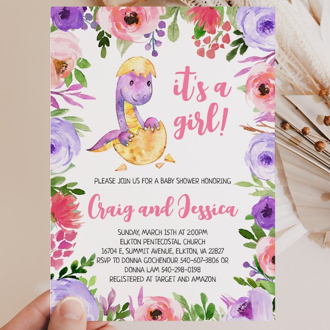 Invitation Fête de bébé dinosaure floral rose et violet (Créateur téléchargé)
