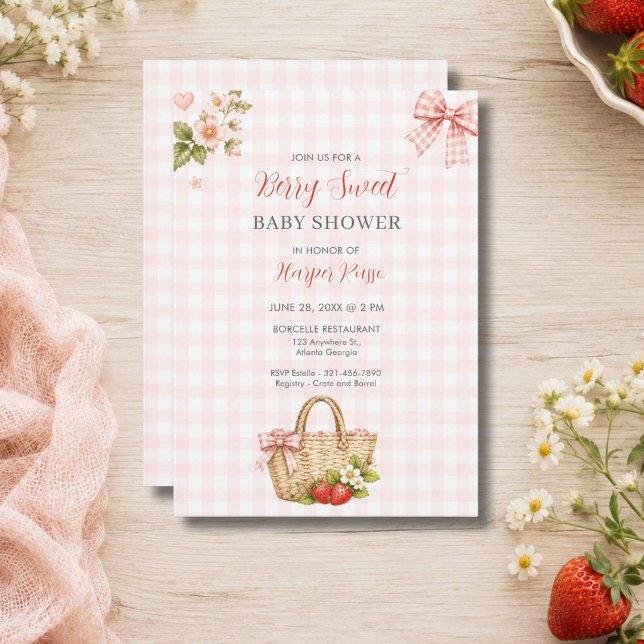 Invitation Fête de bébé douce baie en vichy rose (Pink Gingham Berry Sweet Baby Shower Invitation)