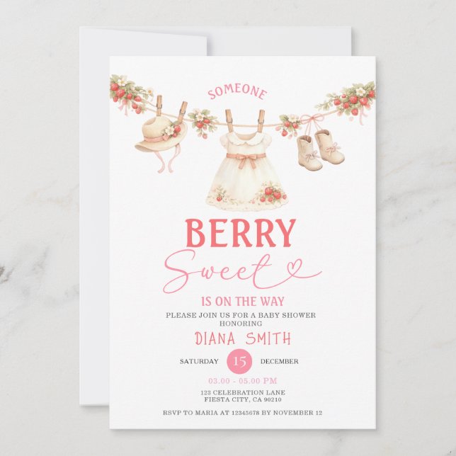 Invitation Fête de bébé douce ligne de fraises  (Devant)