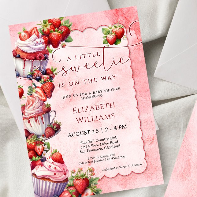 Invitation Fête de Bébé Douceur Aquarelle Fraise (Créateur téléchargé)