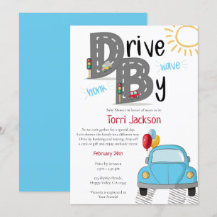 Invitation Fête de bébé Drive By Bleue pour garçon