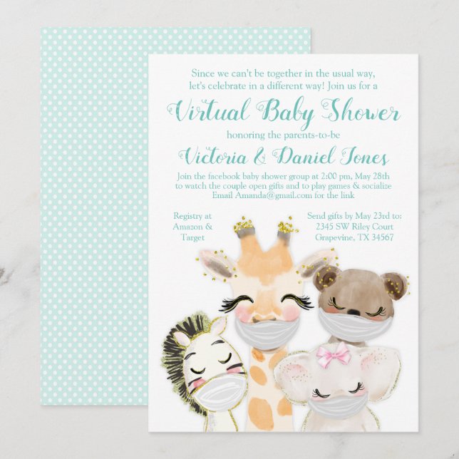 Invitation Fête de bébé Drive By Mail Masques Animaux Bébés (Devant / Derrière)