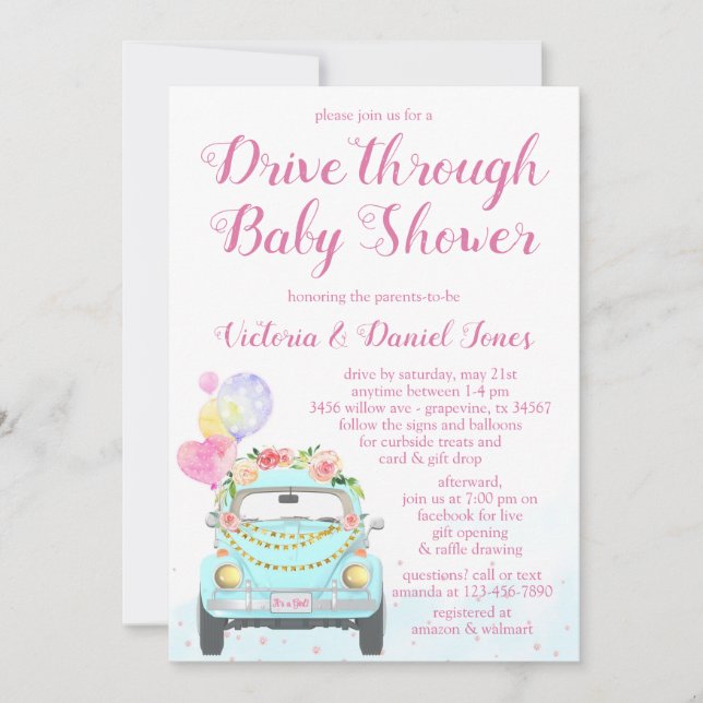 Invitation Fête de bébé drive-through pour fille en voiture (Devant)