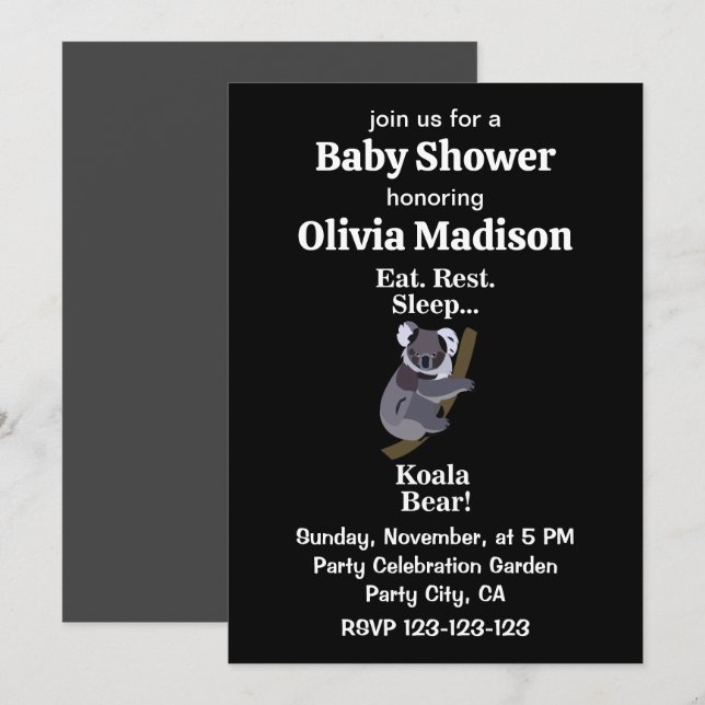 Invitation Fête de bébé drôle avec un ours koala (Devant / Derrière)