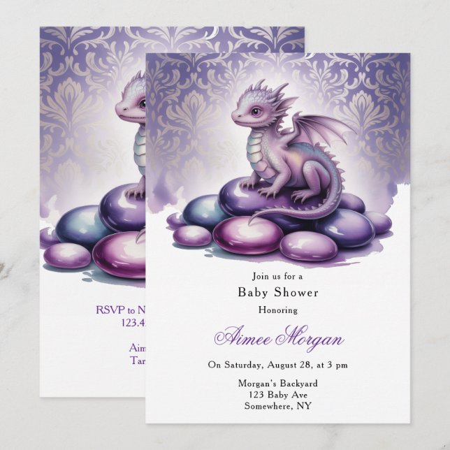 Invitation Fête de Bébé du Dragon Magique Violet (Devant / Derrière)