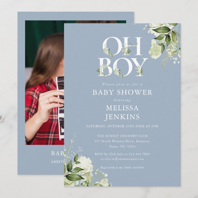 Invitation Fête de bébé Dusty Blue Oh Boy Greenery Photo (Devant / Derrière)