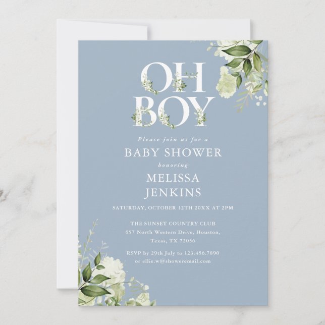 Invitation Fête de bébé Dusty Blue Oh Boy Greenery Tout En Un (Devant)