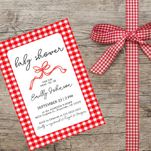 Invitation Fête de bébé écriture joli nœud gingham rouge