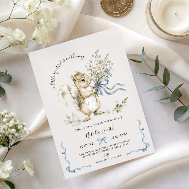 Invitation Fête de bébé écureuil ruban bleu aquarelle  (Créateur téléchargé)