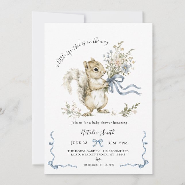 Invitation Fête de bébé écureuil ruban bleu aquarelle  (Devant)