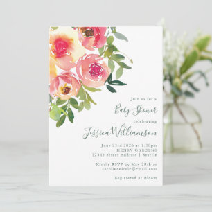 Invitation Fête de bébé élégante à l'aquarelle Rose Pivoine F