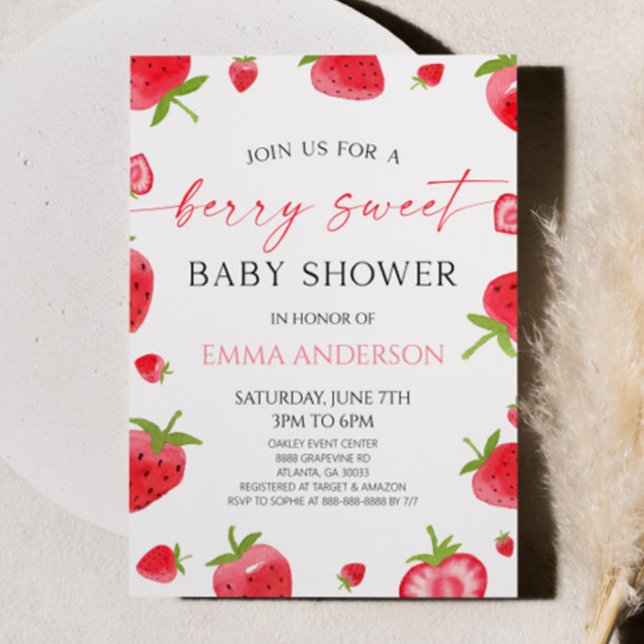 Invitation Fête de Bébé Élégante aux Fraises Une Douceur de B (Créateur téléchargé)