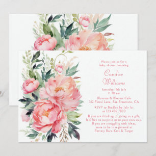 Invitation Fête de bébé élégante aux pivoines aquarelles rose