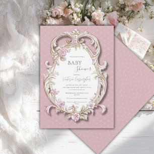 Invitation Fête de bébé élégante cadre doré floral rose