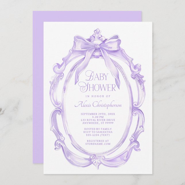 Invitation Fête de bébé élégante cadre + nœud violet (Devant / Derrière)