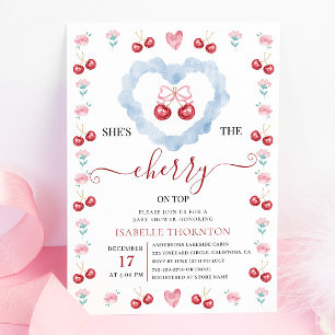Invitation Fête de Bébé Élégante Coquette Cerise sur le Haut