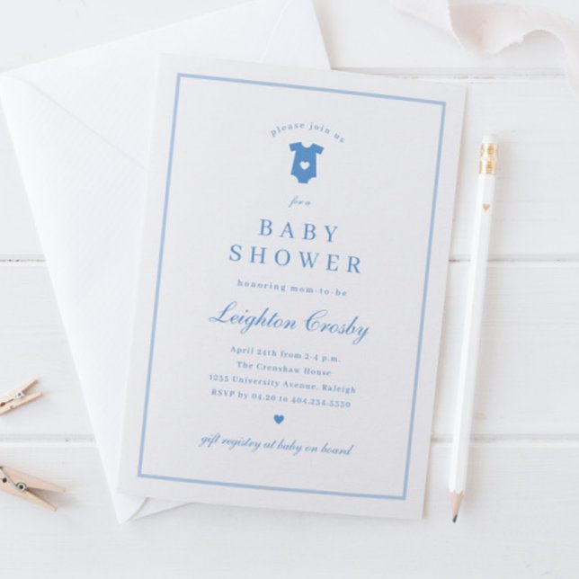 Invitation Fête de bébé élégante et simple typographie bleue (Simple Classic Typography Blue Baby Shower Invitation.)