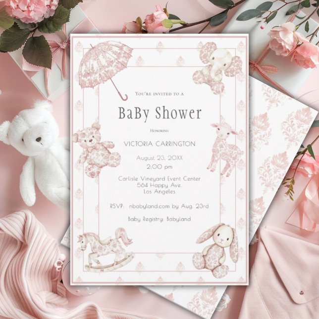 Invitation Fête de bébé élégante fille toile rose (Créateur téléchargé)