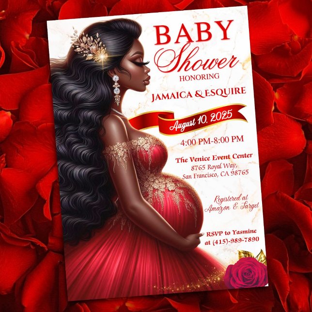 Invitation Fête de bébé élégante pour future maman africaine  (Luxurious Red & Gold Baby Shower Invitation for Expecting Queen. Ethnic Mom-to-Be)
