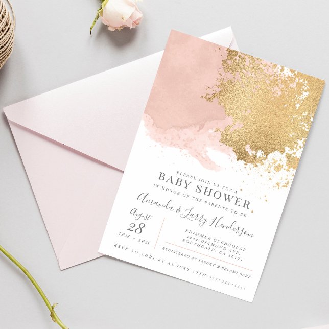 Invitation Fête de Bébé Élégante Rose et Aquarelle Dorée (Créateur téléchargé)