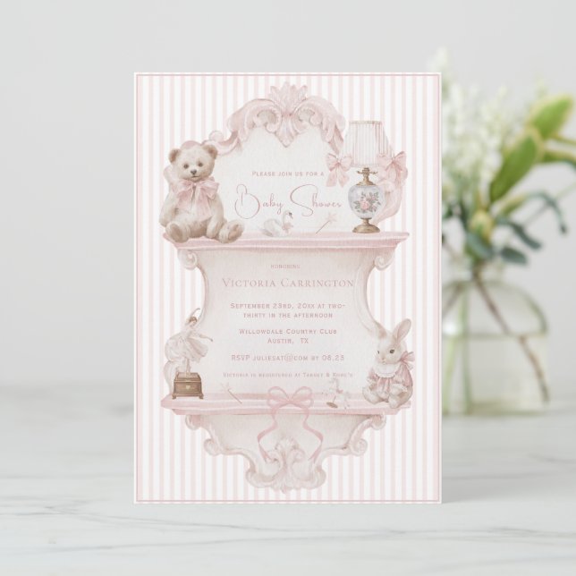 Invitation Fête de bébé élégante vintage rose (Debout devant)