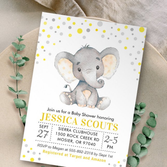 Invitation Fête de bébé éléphant à pois gris jaune neutre (Créateur téléchargé)