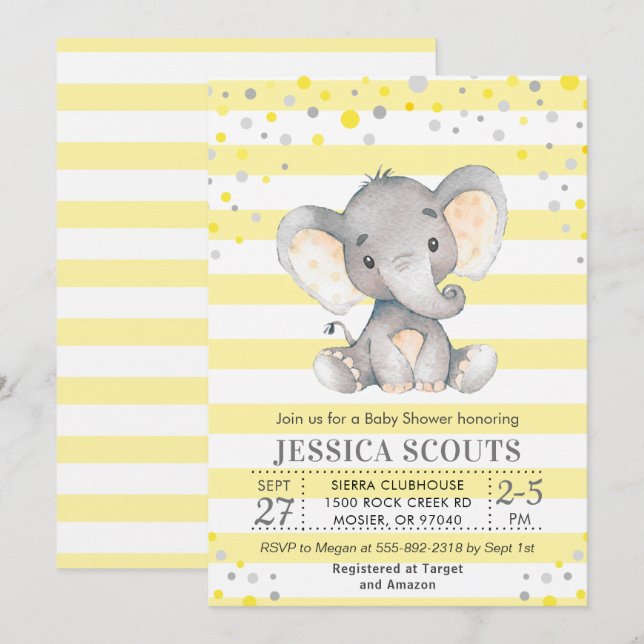 Invitation Fête de bébé éléphant à pois gris jaune neutre (Devant / Derrière)