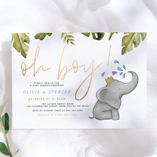 Invitation Fête de Bébé Éléphant Aquarelle Oh Garçon