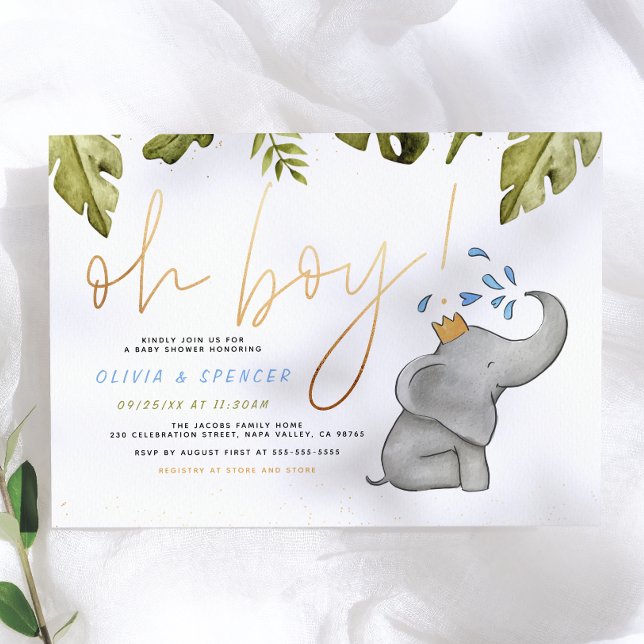 Invitation Fête de Bébé Éléphant Aquarelle Oh Garçon (Créateur téléchargé)