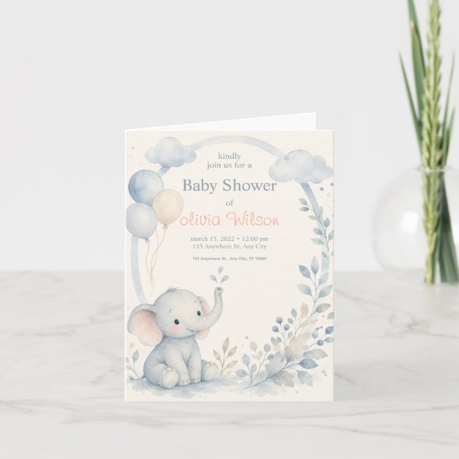 Invitation Fête de bébé éléphant Baby Shower Fille ou Garçon  (Devant)