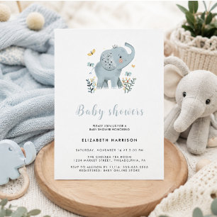 Invitation Fête de bébé éléphant bleu adorable garçon