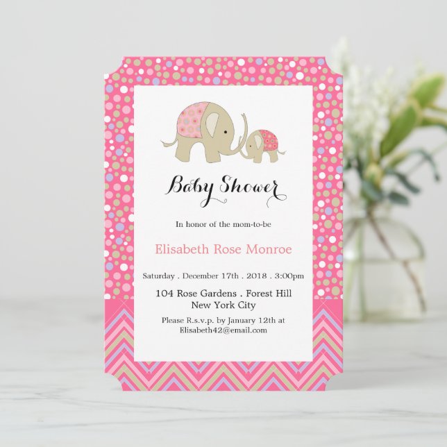 Invitation Fête de bébé éléphant bohémien rose et chevron (Debout devant)