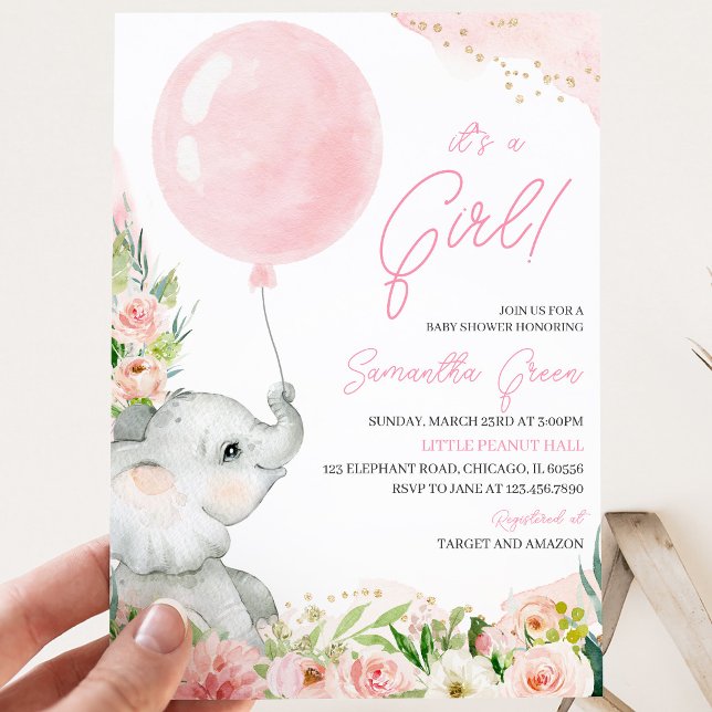 Invitation Fête de bébé éléphant floral rose (Créateur téléchargé)