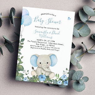 Invitation Fête de bébé éléphant mignon aquarelle bleu poussi