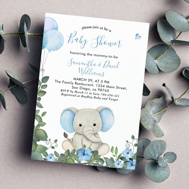 Invitation Fête de bébé éléphant mignon aquarelle bleu poussi (Créateur téléchargé)