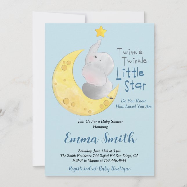 Invitation Fête de Bébé Éléphant Twinkle Little Star (Devant)