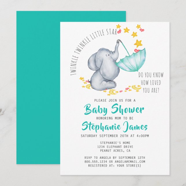 Invitation Fête de Bébé Éléphant Twinkle Twinkle Little Star (Devant / Derrière)