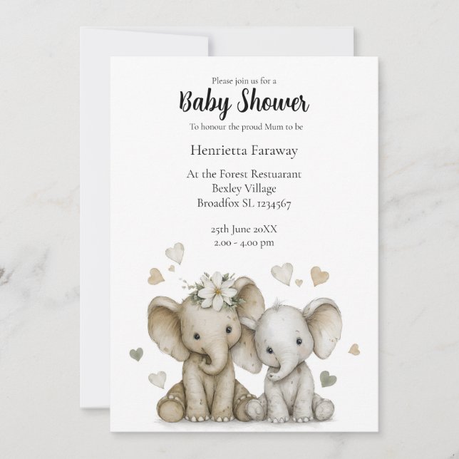 Invitation Fête de bébé éléphants bébé aquarelle mignonne (Devant)