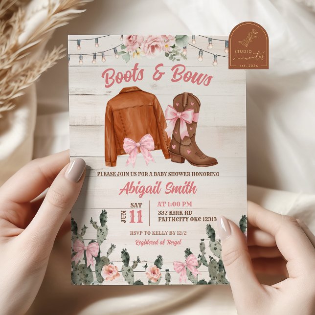 Invitation Fête de Bébé en Bois Rustique Rose Bottes et Ruban (Créateur téléchargé)