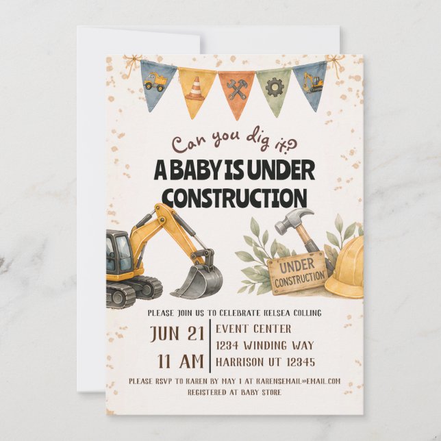 Invitation Fête de Bébé en Construction Dig It (Devant)